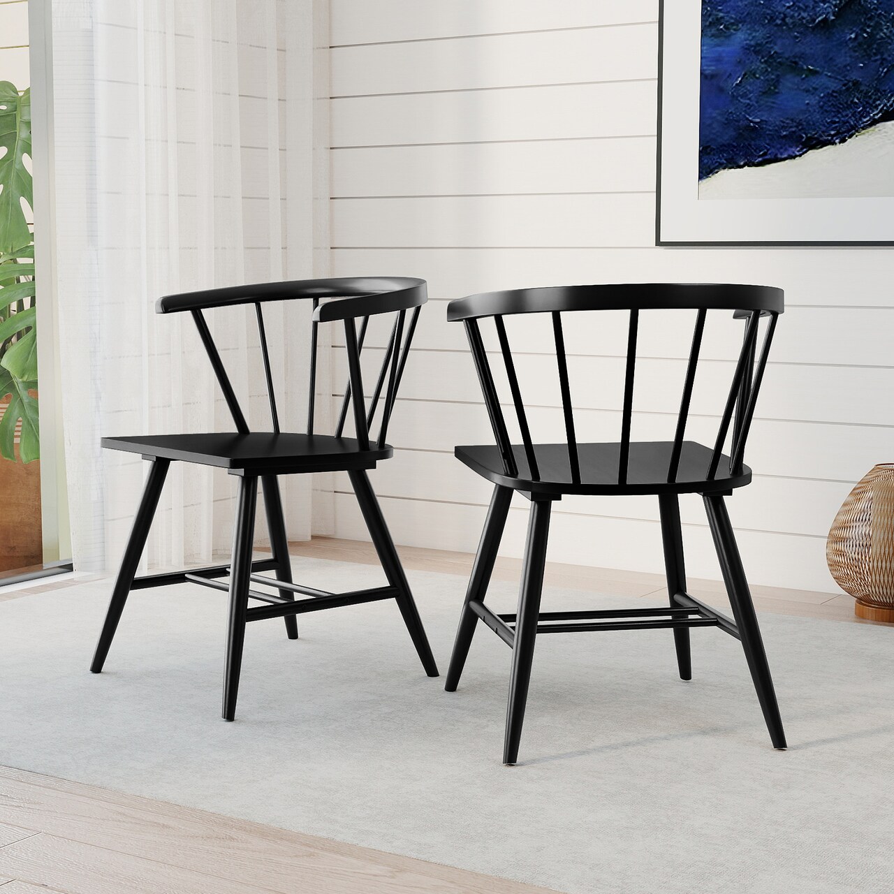 Set of 2 Windsor Dining Chair Mid-Century Modern Black Kitchen Chairs, Rubberwood Frame